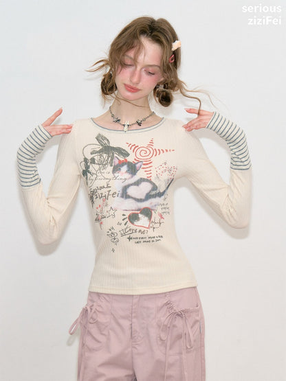 Vintage Heart Graffiti Cat Print Apricot Artistic Knit Tops【s0000018768】