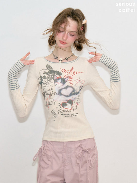 Vintage Heart Graffiti Cat Print Apricot Artistic Knit Tops【s0000018768】