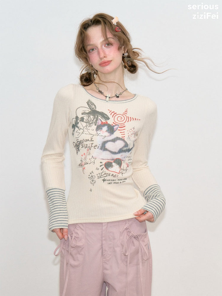 Vintage Heart Graffiti Cat Print Apricot Artistic Knit Tops【s0000018768】