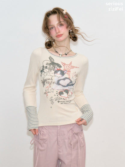Vintage Heart Graffiti Cat Print Apricot Artistic Knit Tops【s0000018768】