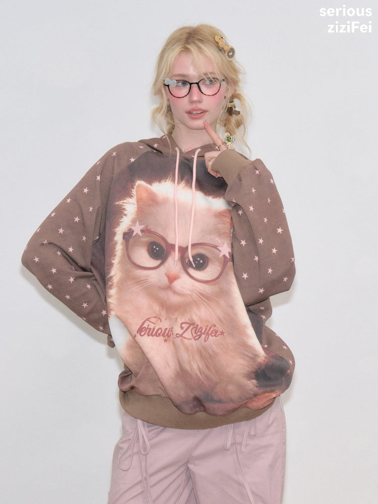 Cat Print Star-Dot Brown Lazy Style Hooded Sweatshirt【s0000018769】