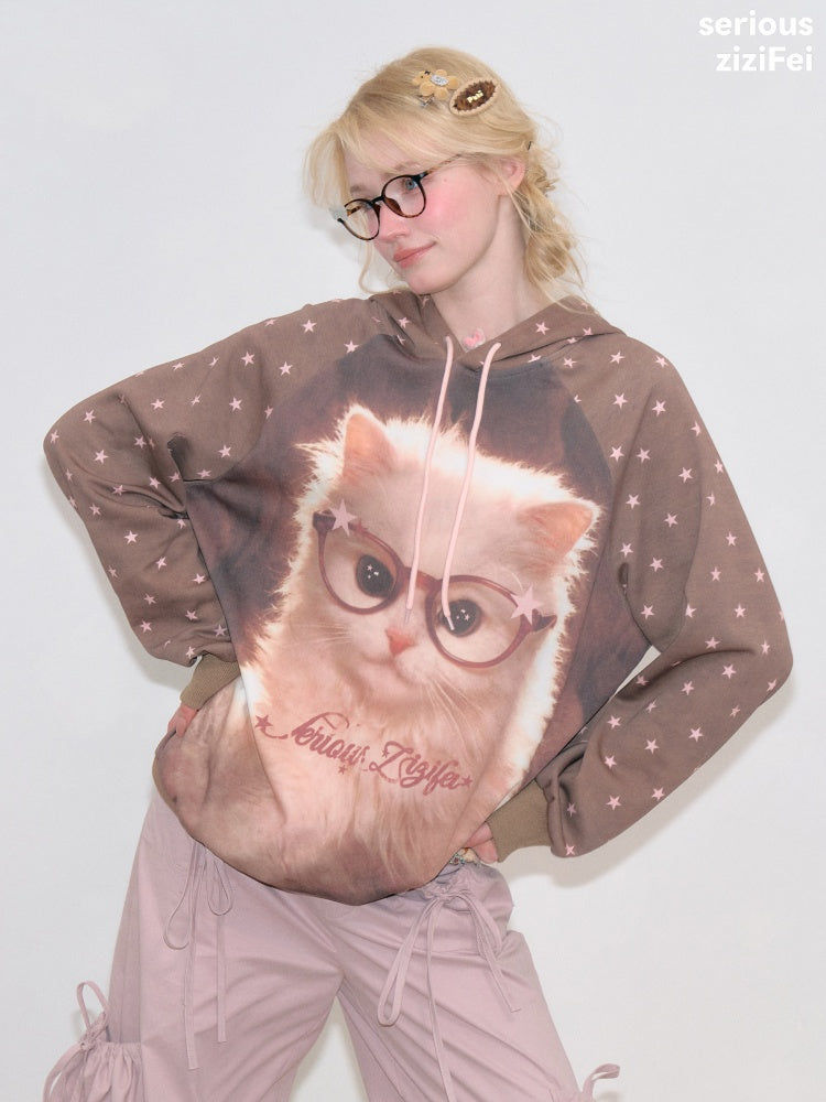 Cat Print Star-Dot Brown Lazy Style Hooded Sweatshirt【s0000018769】