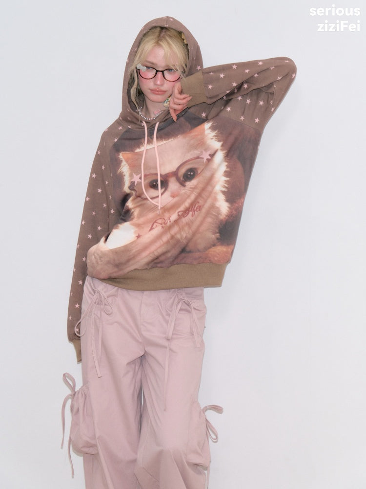 Cat Print Star-Dot Brown Lazy Style Hooded Sweatshirt【s0000018769】