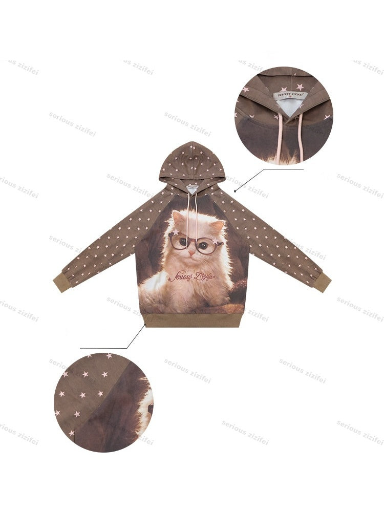 Cat Print Star-Dot Brown Lazy Style Hooded Sweatshirt【s0000018769】