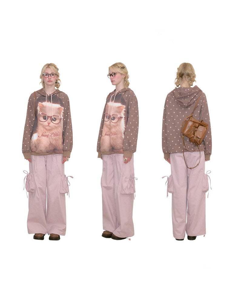 Cat Print Star-Dot Brown Lazy Style Hooded Sweatshirt【s0000018769】