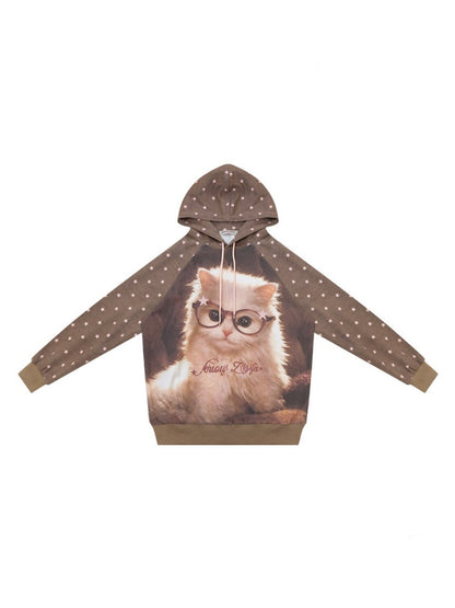 Cat Print Star-Dot Brown Lazy Style Hooded Sweatshirt【s0000018769】
