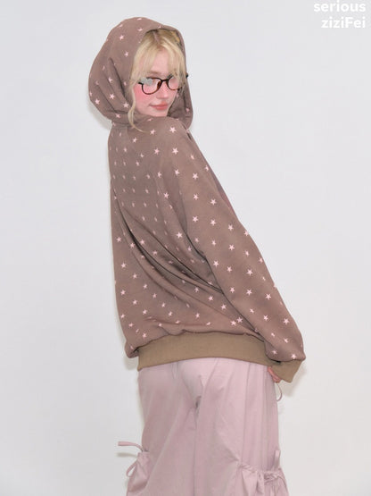 Cat Print Star-Dot Brown Lazy Style Hooded Sweatshirt【s0000018769】