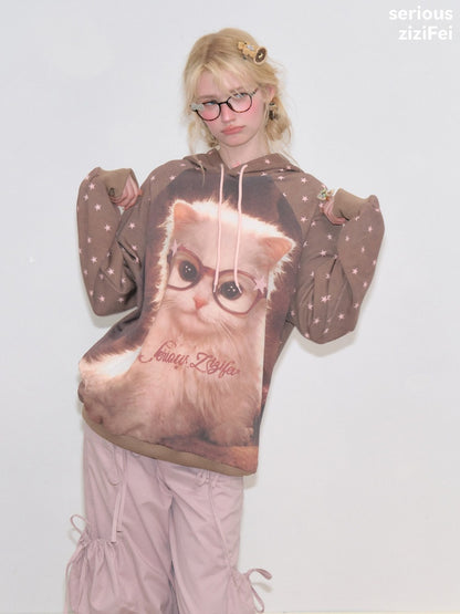 Cat Print Star-Dot Brown Lazy Style Hooded Sweatshirt【s0000018769】