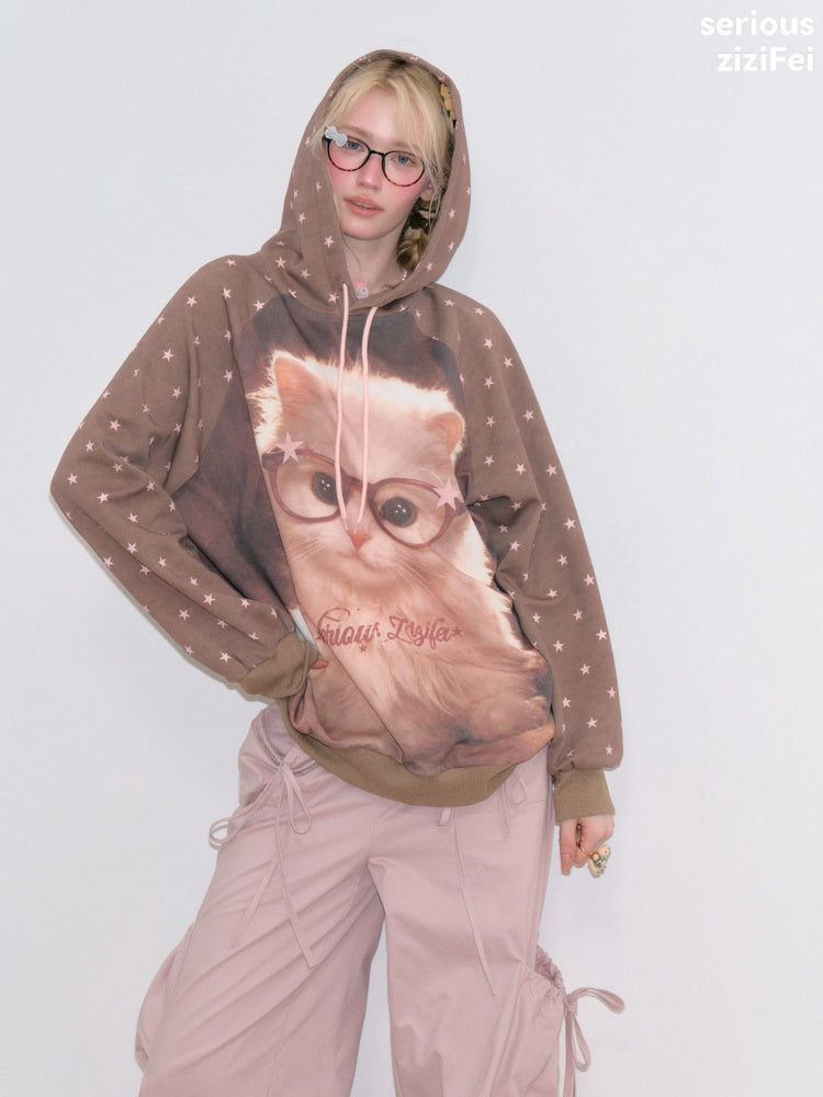 Cat Print Star-Dot Brown Lazy Style Hooded Sweatshirt【s0000018769】