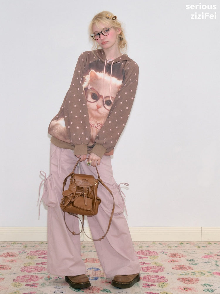 Cat Print Star-Dot Brown Lazy Style Hooded Sweatshirt【s0000018769】