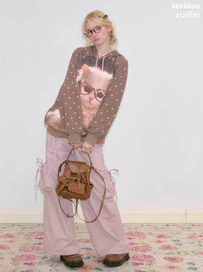 Cat Print Star-Dot Brown Lazy Style Hooded Sweatshirt【s0000018769】