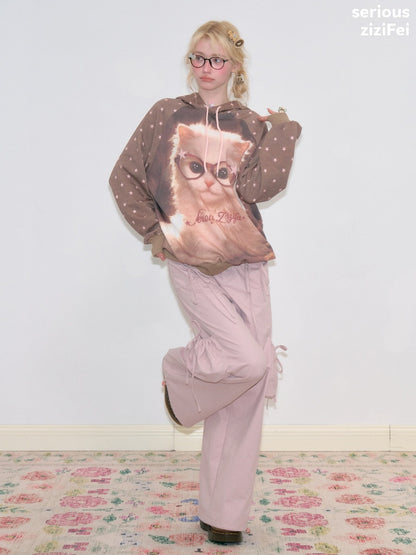 Cat Print Star-Dot Brown Lazy Style Hooded Sweatshirt【s0000018769】