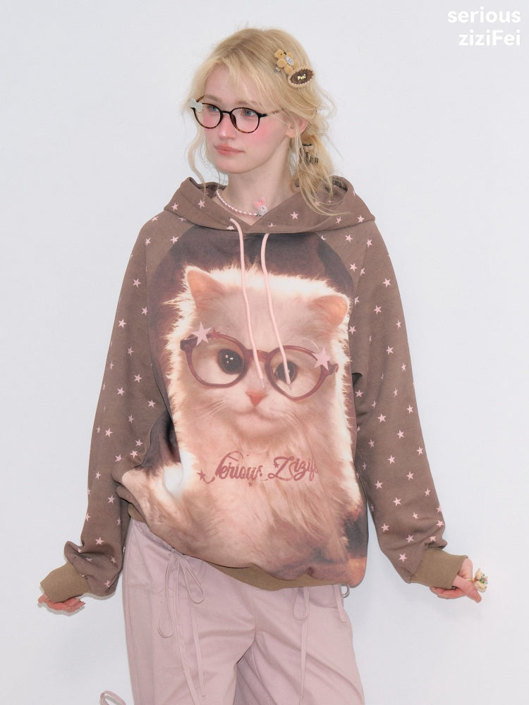 Cat Print Star-Dot Brown Lazy Style Hooded Sweatshirt【s0000018769】