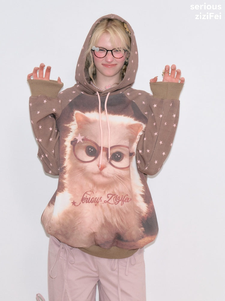 Cat Print Star-Dot Brown Lazy Style Hooded Sweatshirt【s0000018769】