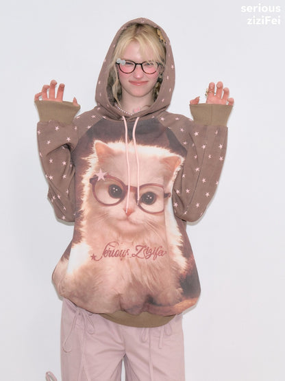Cat Print Star-Dot Brown Lazy Style Hooded Sweatshirt【s0000018769】