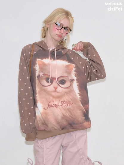 Cat Print Star-Dot Brown Lazy Style Hooded Sweatshirt【s0000018769】