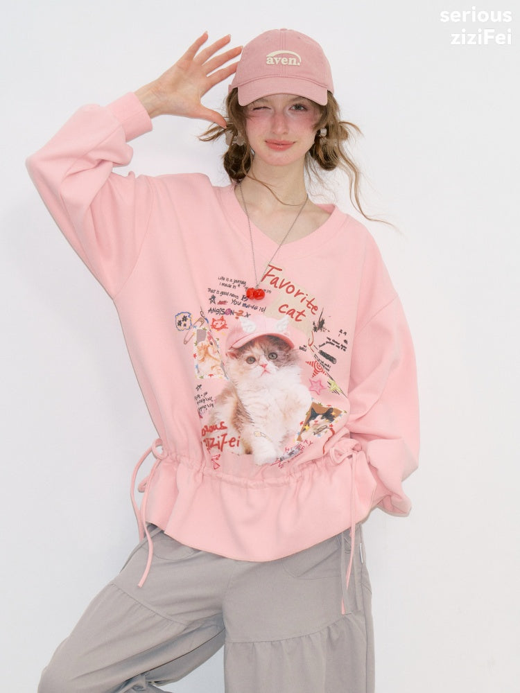 Retro Childlike Cat Print Pink V-Neck Drawstring Hem Sweatshirt【s0000018770】