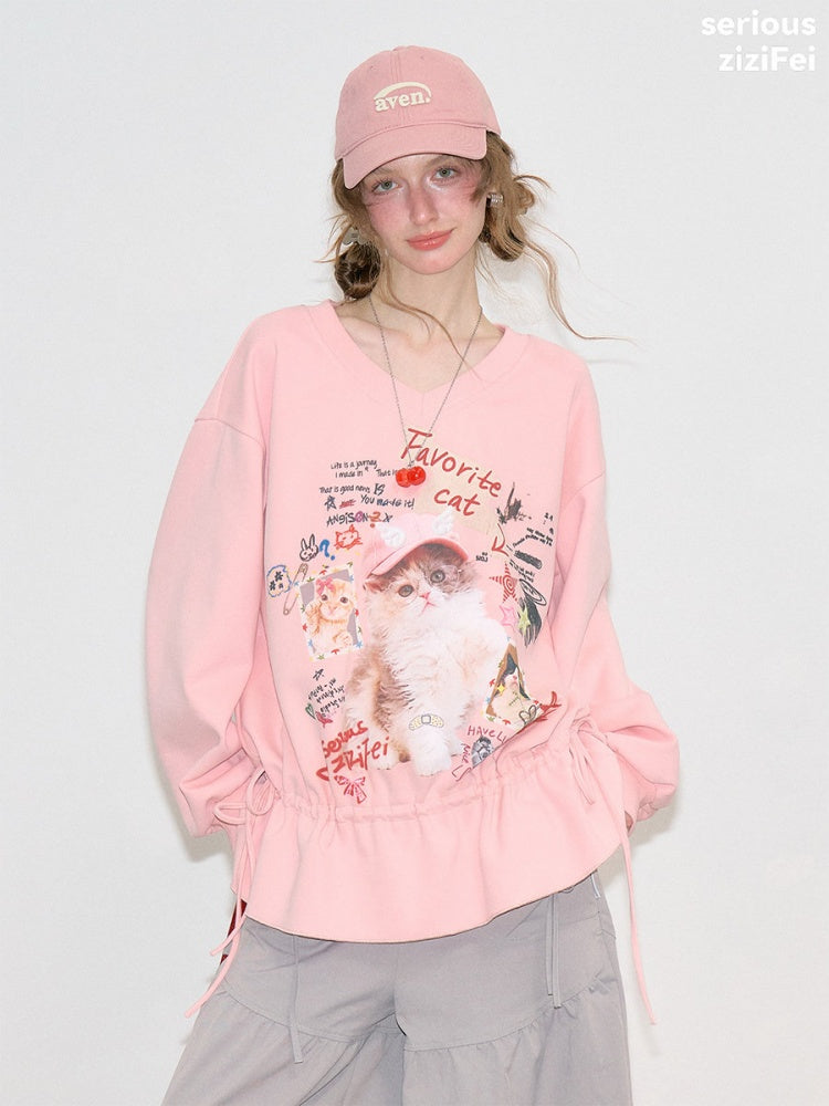 Retro Childlike Cat Print Pink V-Neck Drawstring Hem Sweatshirt【s0000018770】