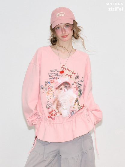 Retro Childlike Cat Print Pink V-Neck Drawstring Hem Sweatshirt【s0000018770】