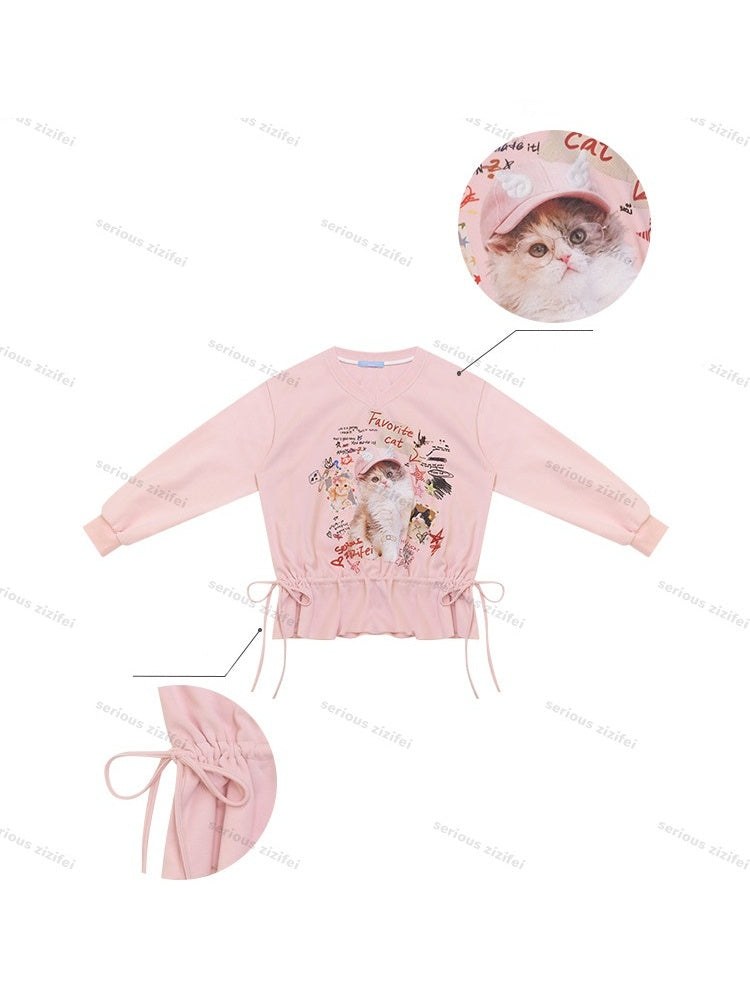 Retro Childlike Cat Print Pink V-Neck Drawstring Hem Sweatshirt【s0000018770】