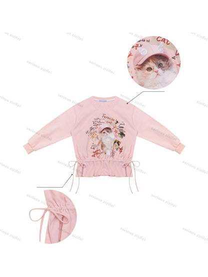 Retro Childlike Cat Print Pink V-Neck Drawstring Hem Sweatshirt【s0000018770】