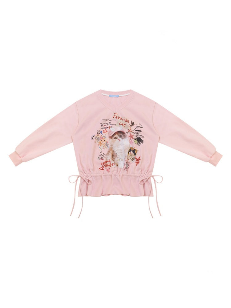 Retro Childlike Cat Print Pink V-Neck Drawstring Hem Sweatshirt【s0000018770】