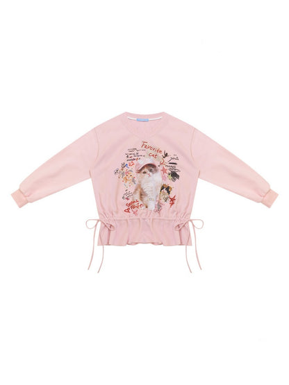 Retro Childlike Cat Print Pink V-Neck Drawstring Hem Sweatshirt【s0000018770】