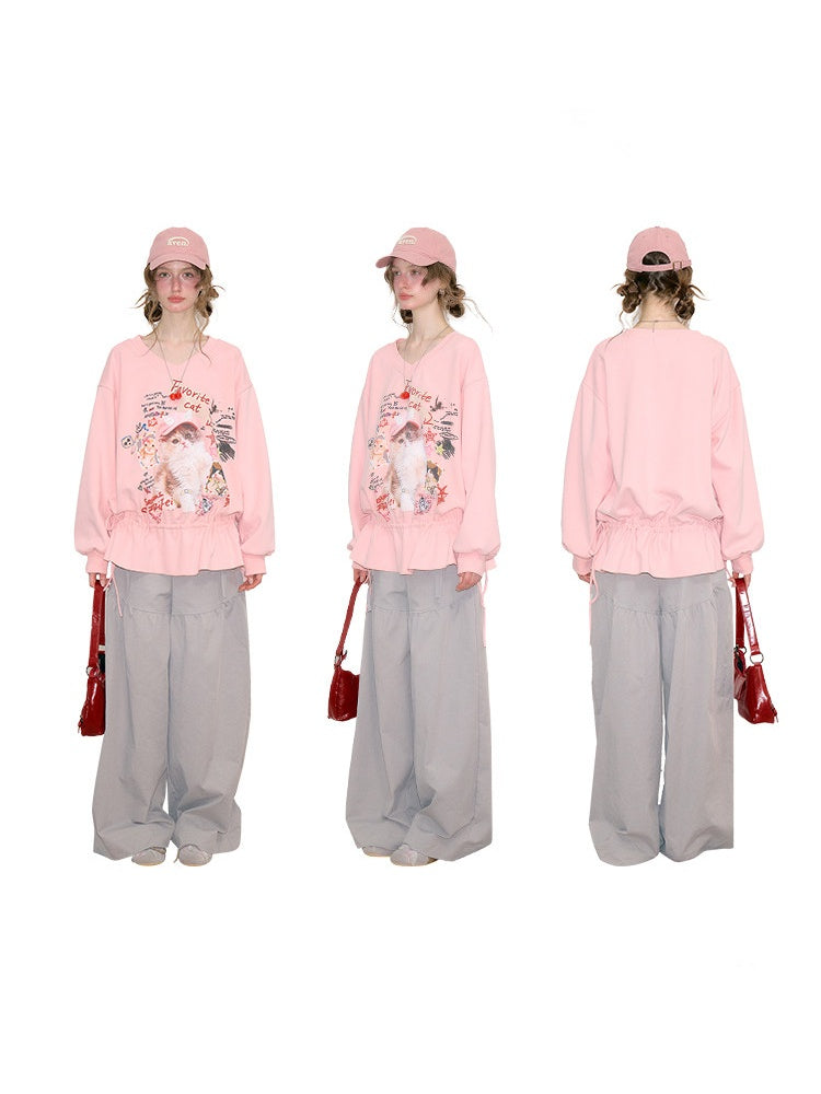 Retro Childlike Cat Print Pink V-Neck Drawstring Hem Sweatshirt【s0000018770】