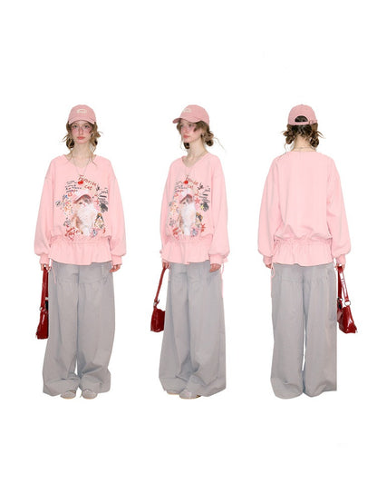 Retro Childlike Cat Print Pink V-Neck Drawstring Hem Sweatshirt【s0000018770】