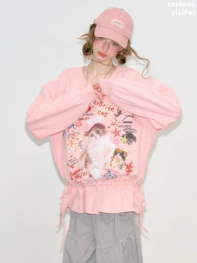 Retro Childlike Cat Print Pink V-Neck Drawstring Hem Sweatshirt【s0000018770】