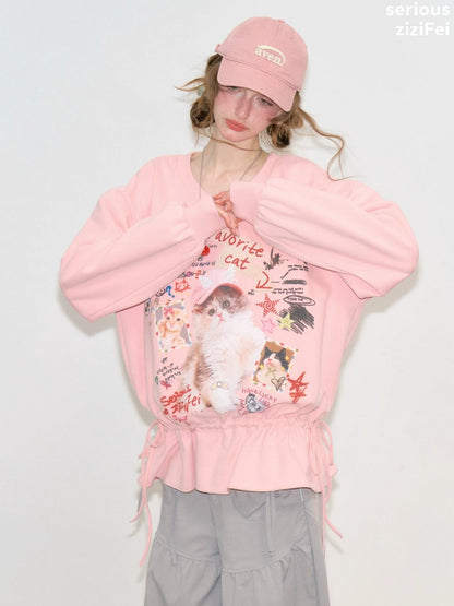 Retro Childlike Cat Print Pink V-Neck Drawstring Hem Sweatshirt【s0000018770】