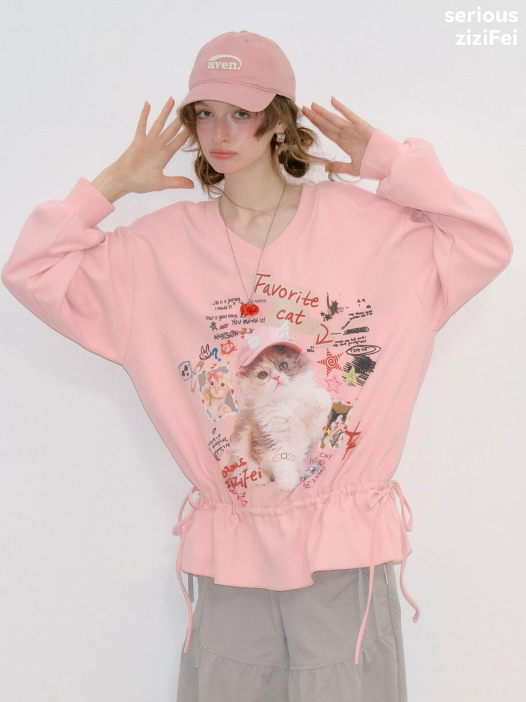 Retro Childlike Cat Print Pink V-Neck Drawstring Hem Sweatshirt【s0000018770】