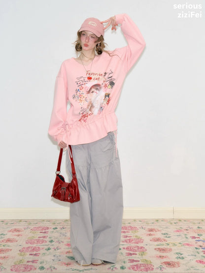 Retro Childlike Cat Print Pink V-Neck Drawstring Hem Sweatshirt【s0000018770】
