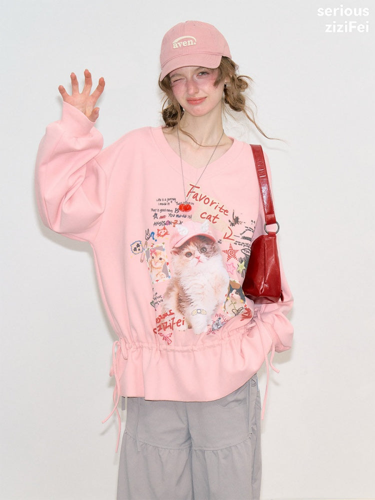 Retro Childlike Cat Print Pink V-Neck Drawstring Hem Sweatshirt【s0000018770】