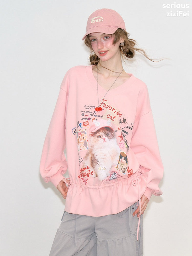 Retro Childlike Cat Print Pink V-Neck Drawstring Hem Sweatshirt【s0000018770】