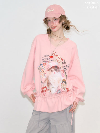 Retro Childlike Cat Print Pink V-Neck Drawstring Hem Sweatshirt【s0000018770】