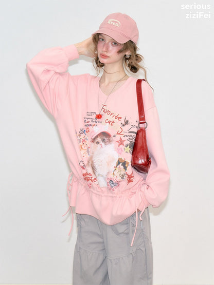 Retro Childlike Cat Print Pink V-Neck Drawstring Hem Sweatshirt【s0000018770】