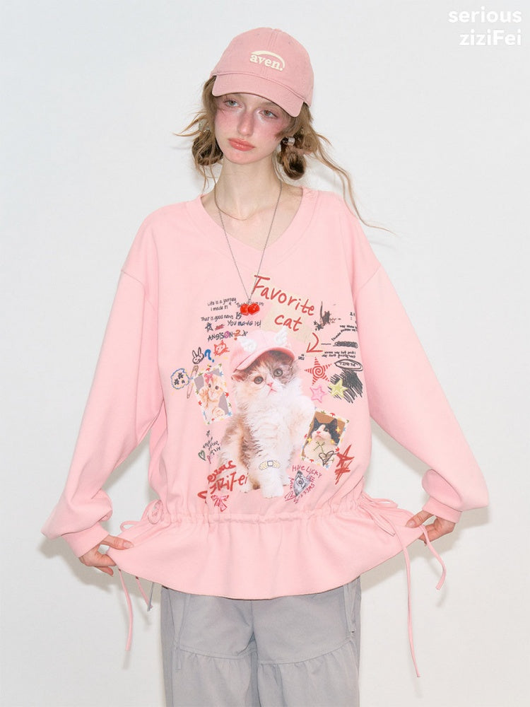 Retro Childlike Cat Print Pink V-Neck Drawstring Hem Sweatshirt【s0000018770】