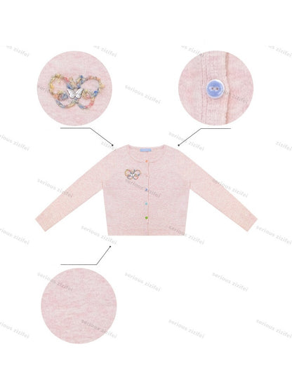 Vintage Butterfly Embroidery Soft Slimming Pink Knit Cardigan【s0000018771】