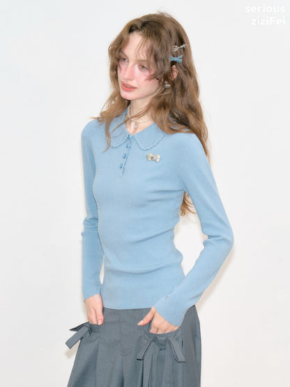 Milky Blue Doll Polo Collar Slimming Long-Sleeve Knit Tops【s0000018772】