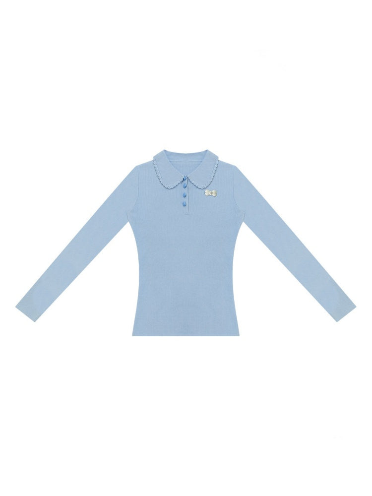 Milky Blue Doll Polo Collar Slimming Long-Sleeve Knit Tops【s0000018772】
