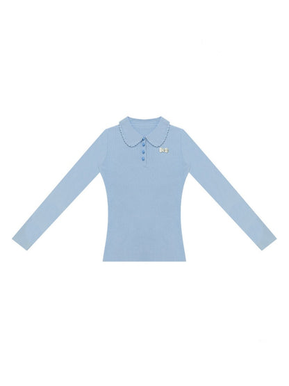 Milky Blue Doll Polo Collar Slimming Long-Sleeve Knit Tops【s0000018772】