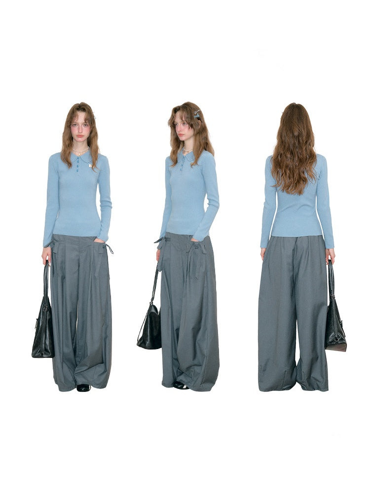 Milky Blue Doll Polo Collar Slimming Long-Sleeve Knit Tops【s0000018772】