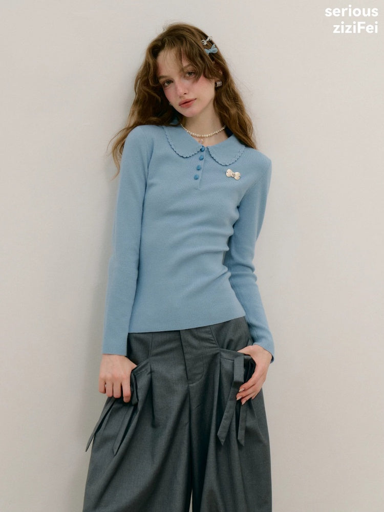 Milky Blue Doll Polo Collar Slimming Long-Sleeve Knit Tops【s0000018772】