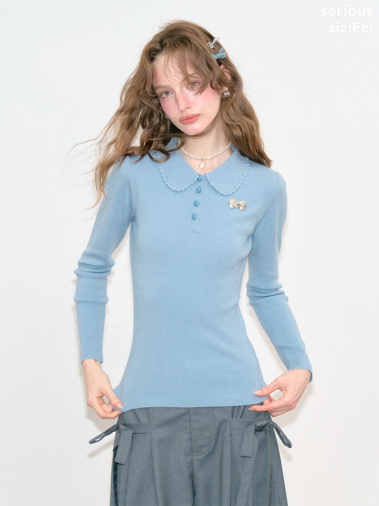 Milky Blue Doll Polo Collar Slimming Long-Sleeve Knit Tops【s0000018772】