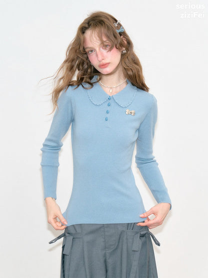 Milky Blue Doll Polo Collar Slimming Long-Sleeve Knit Tops【s0000018772】