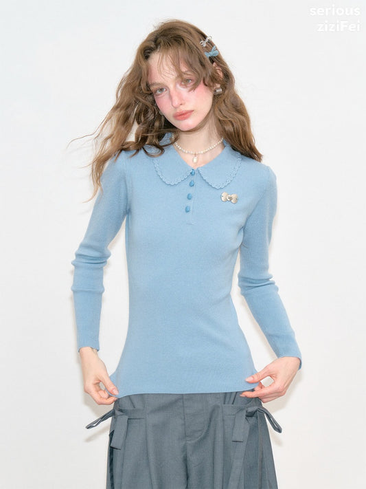 Milky Blue Doll Polo Collar Slimming Long-Sleeve Knit Tops【s0000018772】