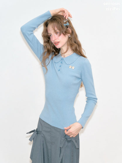 Milky Blue Doll Polo Collar Slimming Long-Sleeve Knit Tops【s0000018772】