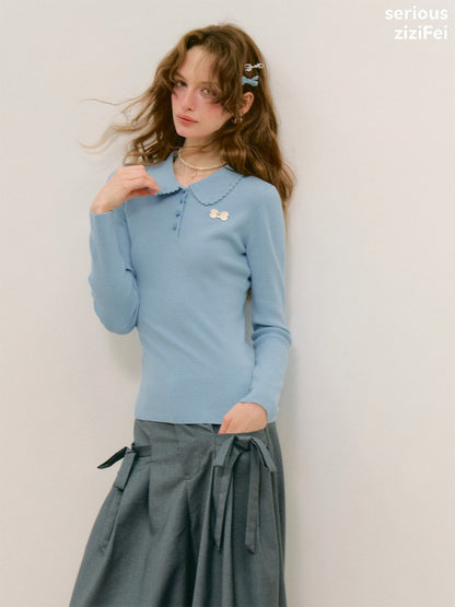 Milky Blue Doll Polo Collar Slimming Long-Sleeve Knit Tops【s0000018772】