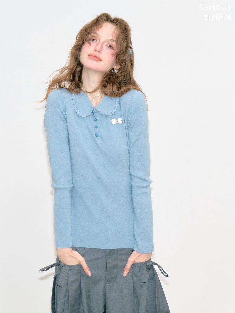 Milky Blue Doll Polo Collar Slimming Long-Sleeve Knit Tops【s0000018772】